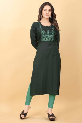 Vrund Enterprise Women Embroidered Straight Kurta(Green)