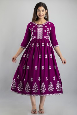 Kimoza Women Embroidered Flared Kurta(Purple)