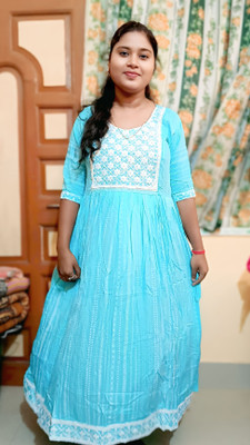 Laboni creation Women Block Print Anarkali Kurta(Blue)