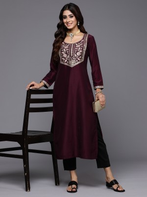 Indo Era Women Embellished Straight Kurta(Purple)