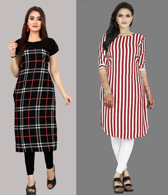 Modli 20 Fashion Women Striped, Floral Print Straight Kurta(Black, Red)
