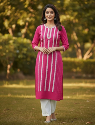 sofiacollection Women Striped, Embroidered, Embellished Straight Kurta(Pink)