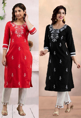 SISTO Women Chikan Embroidery Straight Kurta(Multicolor)