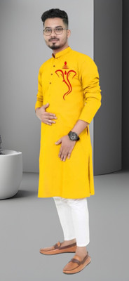Mamta fab Men Printed Straight Kurta(Yellow)