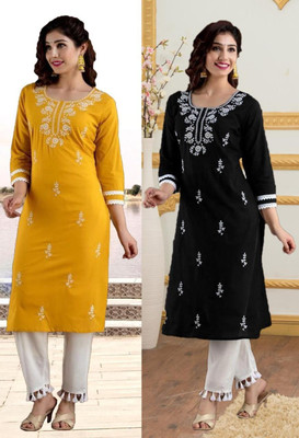 vikshi Women Chikan Embroidery A-line Kurta(Multicolor)