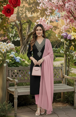 CHK Women Embroidered, Embellished A-line Kurta(Black)