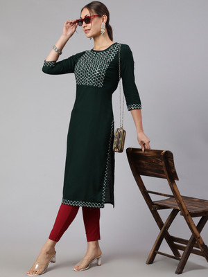 STYLE ANGEL Women Embroidered Straight Kurta(Dark Green)