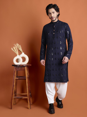TIBRA Men Self Design Straight Kurta(Dark Blue)