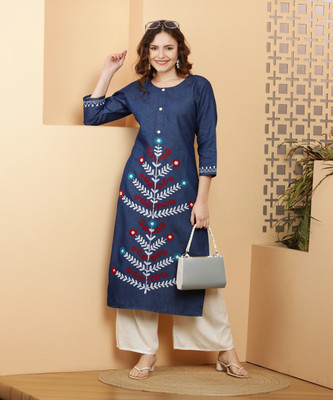 Shopbering Women Embroidered A-line Kurta(Blue)