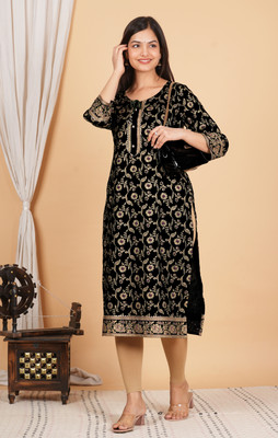 ZAARA CREATION Women Printed Straight Kurta(Black)