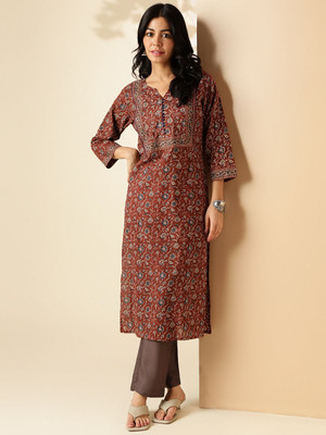 VBUYZ Women Floral Print Straight Kurta(Brown)