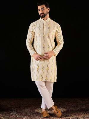 ANOUK Men Striped Straight Kurta(Beige)