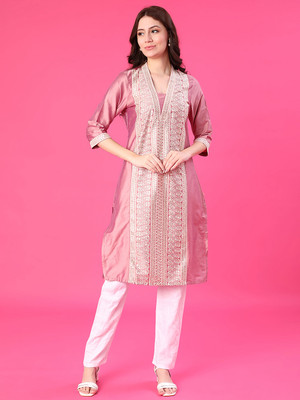 V-MART Women Self Design, Embroidered A-line Kurta(Pink)