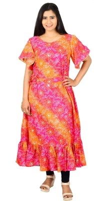 Kalaya Women Bandhani Flared Kurta(Orange, Pink)