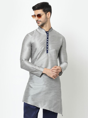 UNIQLOOT Men Self Design Straight Kurta(Silver, Dark Blue)