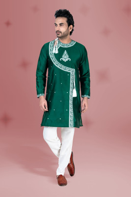 FRANSCART Men Embroidered Straight Kurta(Green)
