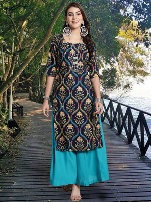 EthnicBasket Women Leheriya Straight Kurta(Dark Blue)