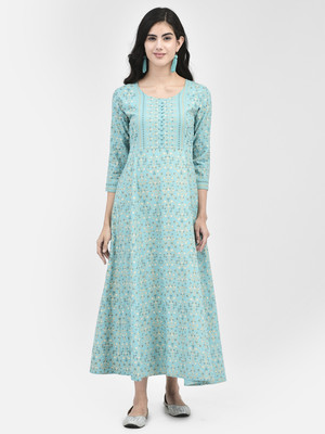 Span Women Self Design A-line Kurta(Blue)