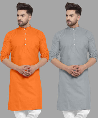 FASHIONFRICKSS Men Solid Straight Kurta(Grey, Orange)