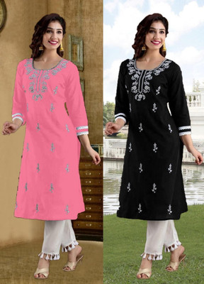 vikshi Women Embroidered Straight Kurta(Multicolor)