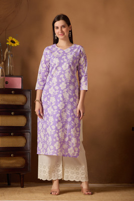 KALEE Women Floral Print, Printed Straight Kurta(Purple)