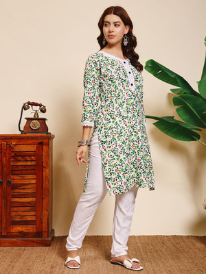 FaeebFashion Women Floral Print, Embellished Straight Kurta(Red)