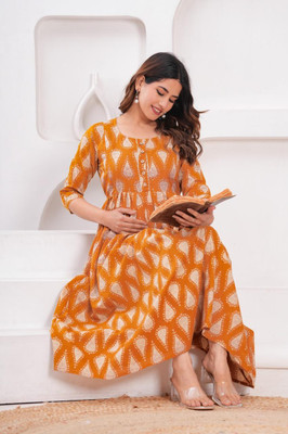 Goraalaxmi Women Printed Anarkali Kurta(Yellow)