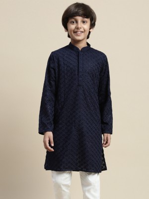 Sanwara Boys Chikan Embroidery Straight Kurta(Dark Blue)