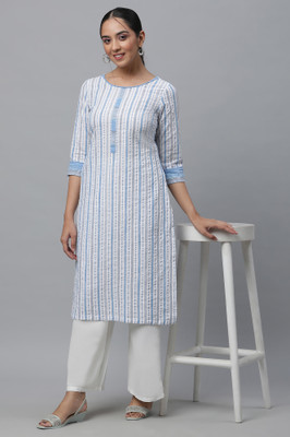 Aurelia Women Striped Straight Kurta(Light Blue, White)