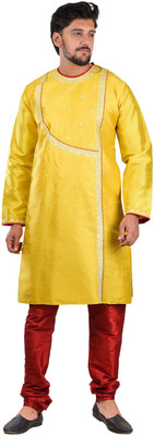 Meilli Men Embroidered Straight Kurta(Yellow)