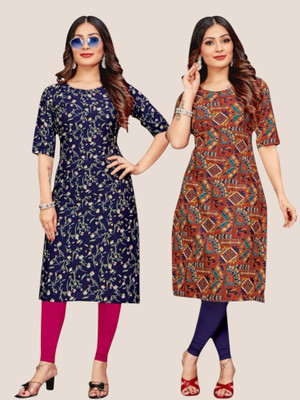 HouseOfCommon Women Printed Straight Kurta(Blue, Brown)
