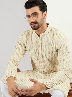 House of Pataudi Men Embroidered Straight Kurta(Beige)