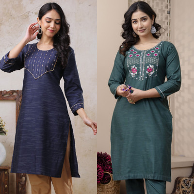 AuzaSho Collection Women Embroidered Straight Kurta(Blue, Green)