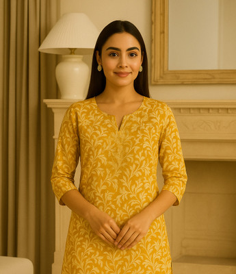 Satya Women Printed, Floral Print Straight Kurta(Yellow)