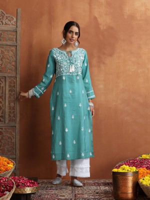 House of Chikankari Women Chikan Embroidery Straight Kurta(Green)