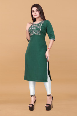 KURTIFABRIC Women Embroidered A-line Kurta(Green)