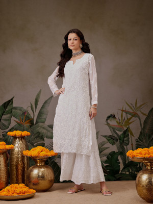 ADA Women Chikan Embroidery, Embroidered Straight Kurta(White)