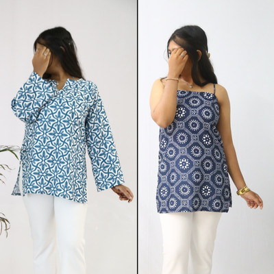 aanzri Women Printed, Abstract A-line Kurta(Blue)