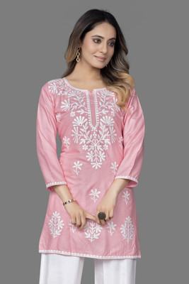 MAAIMPEX Women Chikan Embroidery A-line Kurta(Pink)