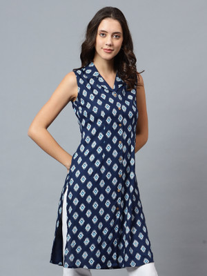 BluGrass Women Floral Print Frontslit Kurta(Blue)