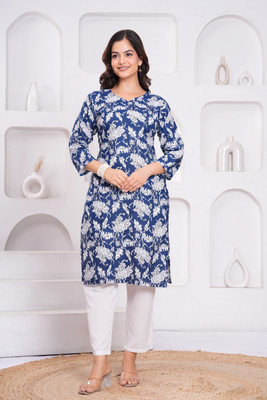 Anmi Adrika Floral Print Women Straight Kurta(Blue)
