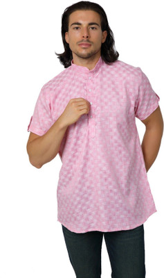 MAG Men Checkered Straight Kurta(Pink)