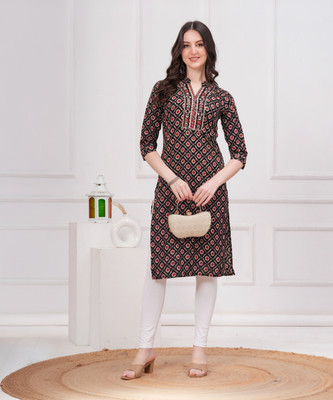 sana fashion Women Printed Straight Kurta(Black)