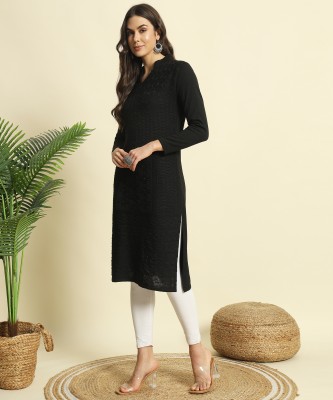 MYLES Women Self Design Straight Kurta(Black)