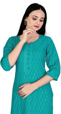 Sarvam Women Chikan Embroidery Straight Kurta(Light Blue)
