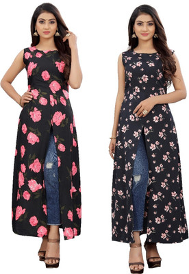 tanvi creation Women Printed Frontslit Kurta(Black)