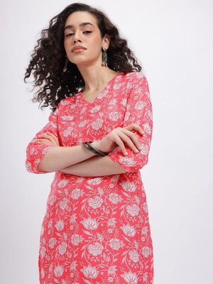 Anouk Rustic Women Printed Straight Kurta(Pink)