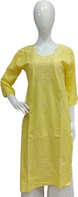 Style woomen wear Women Chikan Embroidery A-line Kurta(Yellow)