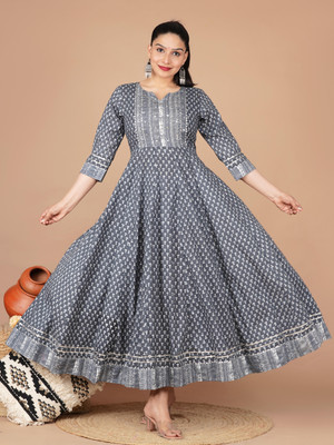 Moda Rapido Women Printed Anarkali Kurta(Grey)