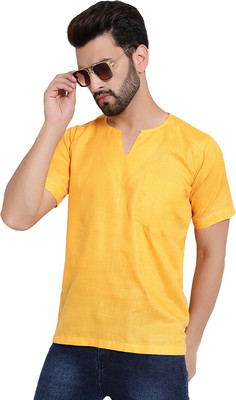 JEXI Solid Men V Neck Yellow T-Shirt